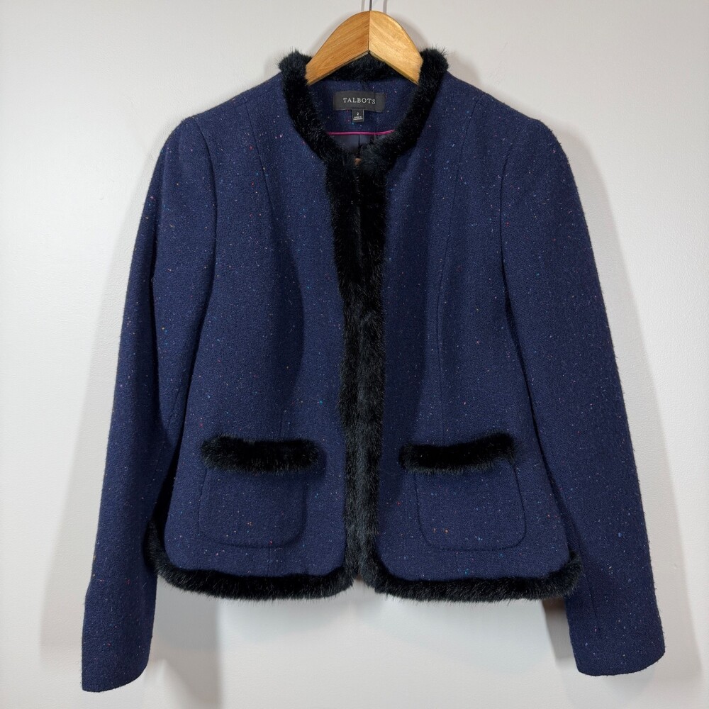 Talbots Navy Blue Tweed Wool Blend Jacket Faux Fur Trim‎ Size 2 Coat